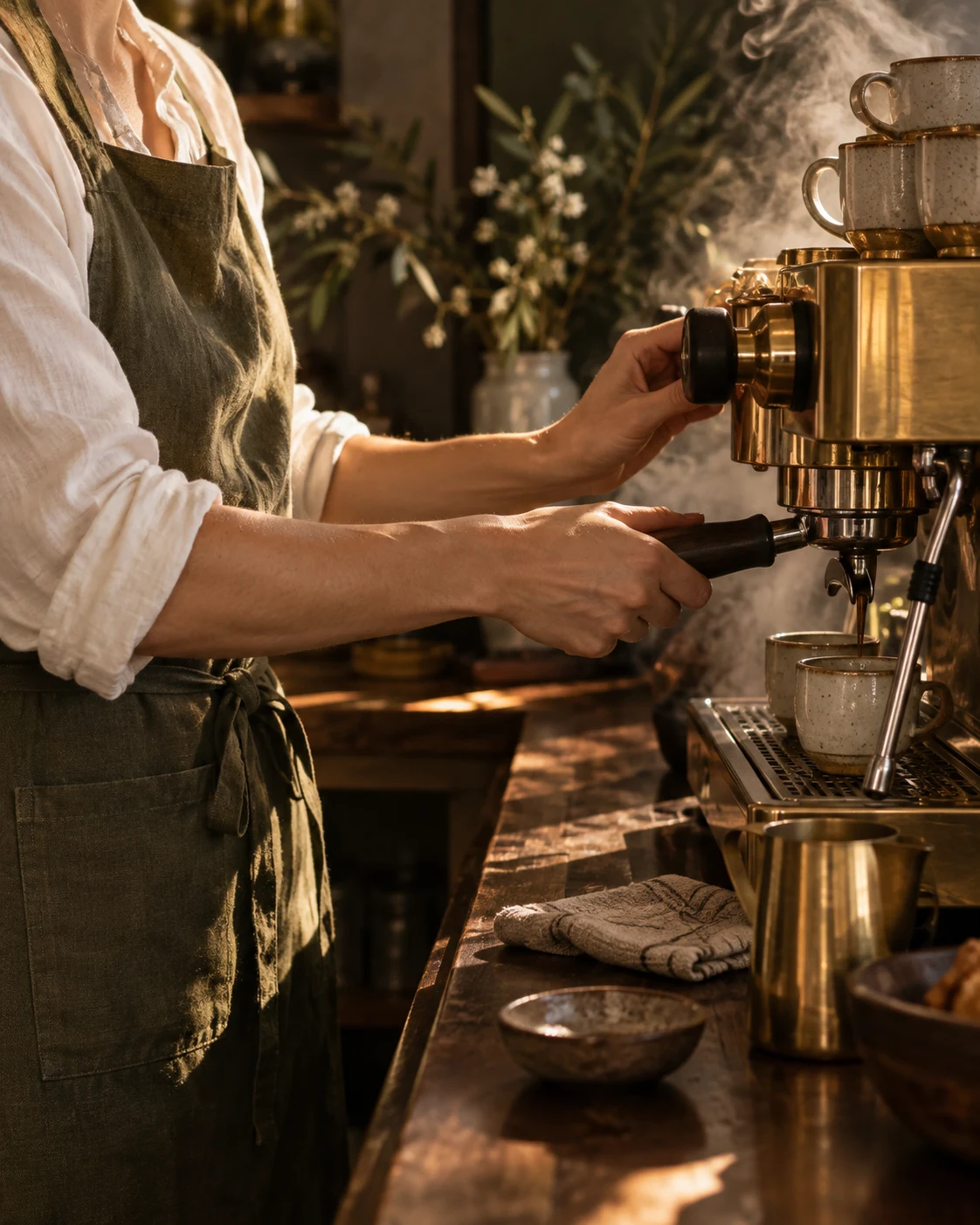 Illustrative detail of a barista preparing espresso at a brass coffee machine