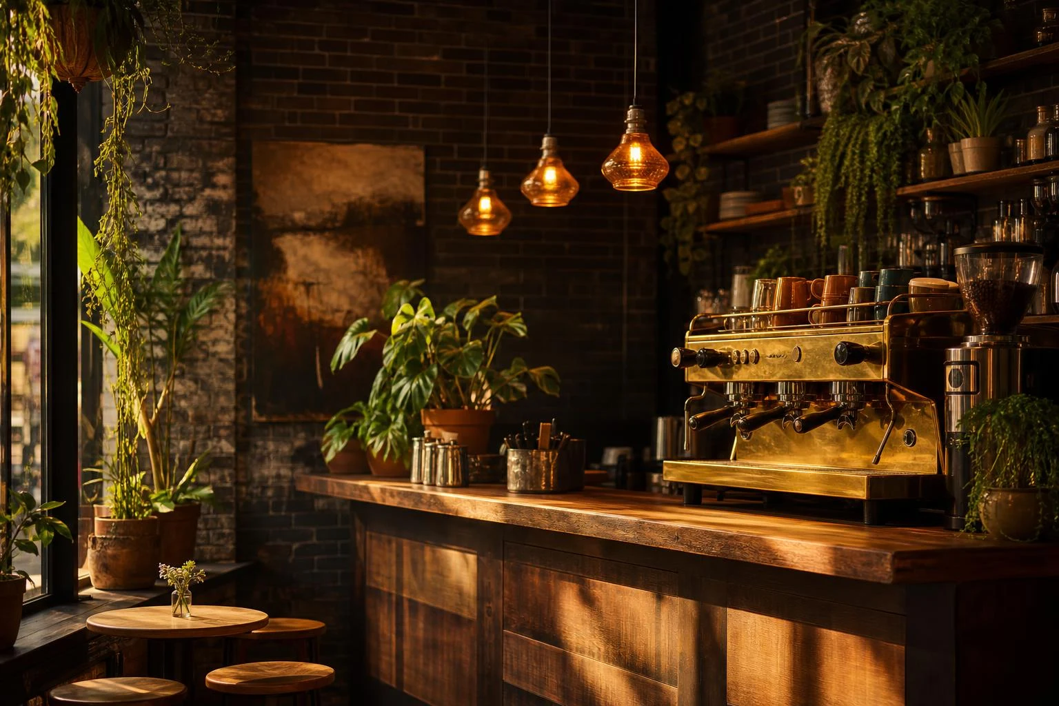 Atmospheric café illustration with warm pendant lights, plants, and a brass espresso bar
