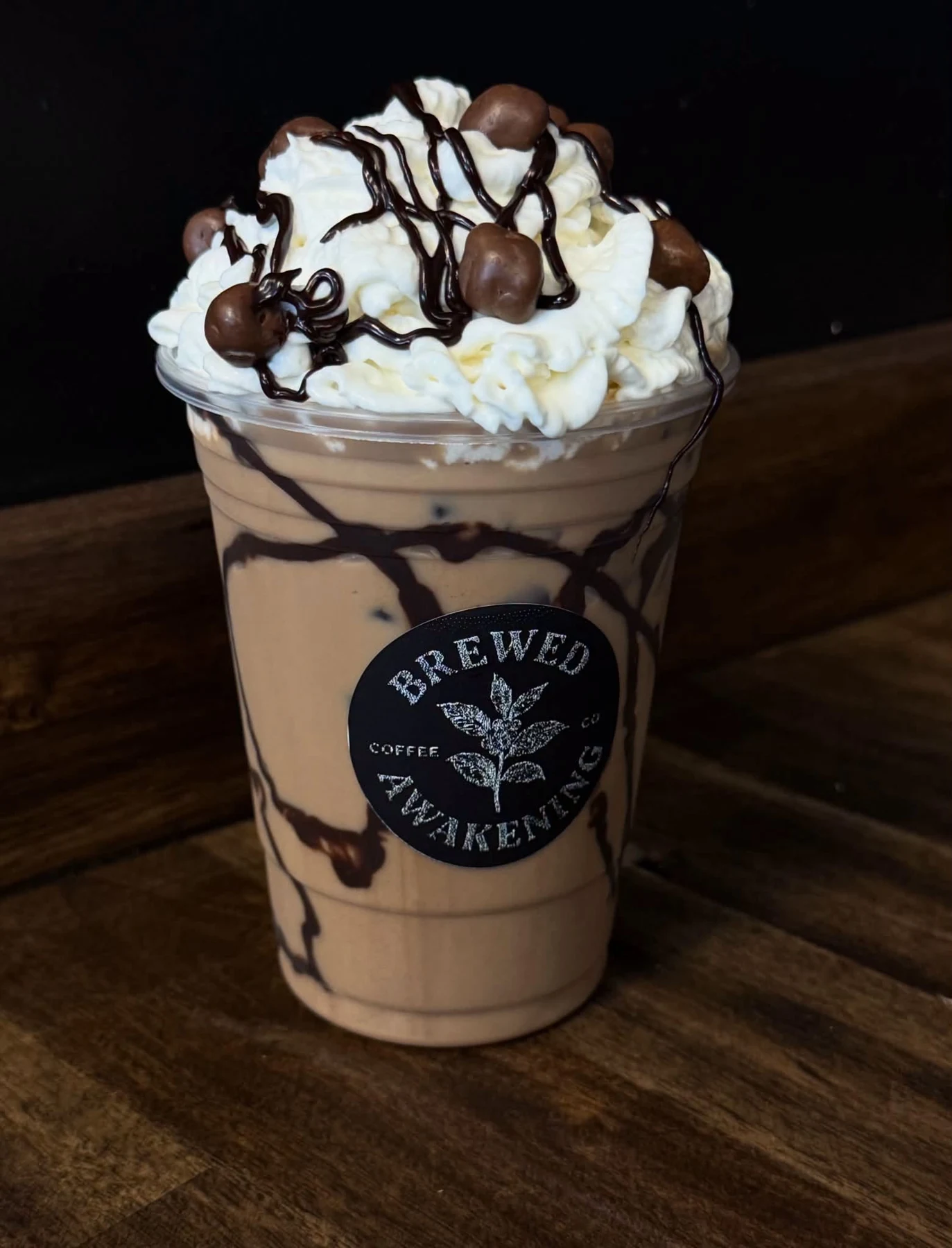 Brewed Awakening Cookie Dough Mocha with whipped cream and chocolate drizzle