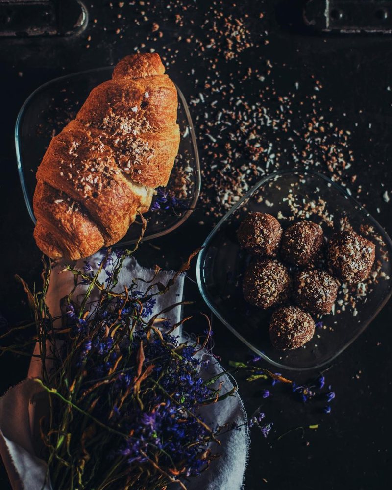 Fresh croissant with chocolate treats